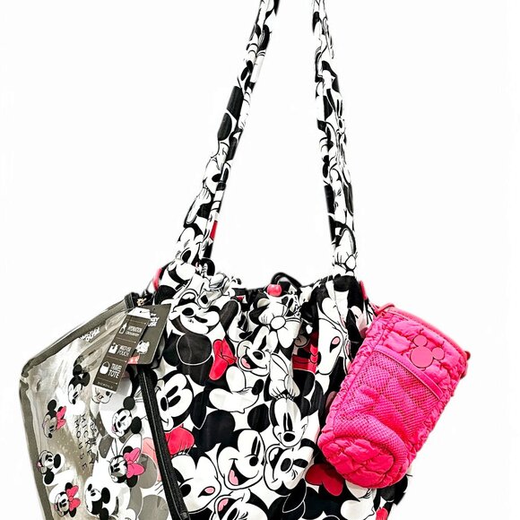 Disney Mickey & Minnie Mouse Drawstring Travel Tote Bag with Pouches - Rare! - Picture 1 of 10